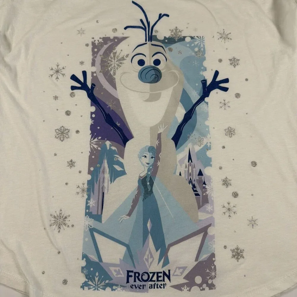 Disney Parks Frozen Ever After Olaf & Elsa Glitter Snowflake T-Shirt Women’s Med - Picture 2 of 7